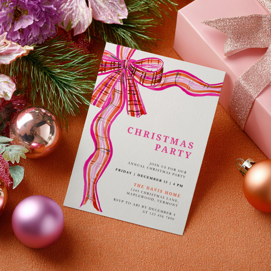 Preppy Christmas Party Invitation with Plaid Bow Pink Orange L57