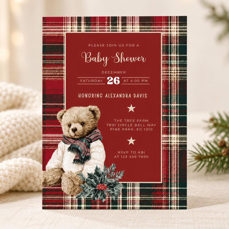 Classic Christmas Polo Bear Baby Shower Invitation L61