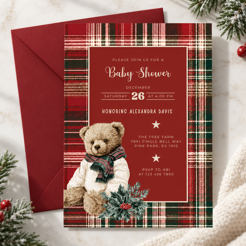 Classic Christmas Polo Bear Baby Shower Invitation L61