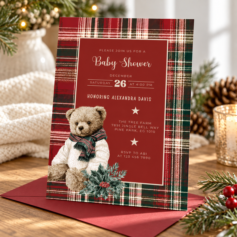 Classic Christmas Polo Bear Baby Shower Invitation L61