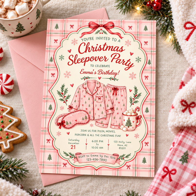 Pink Christmas Pajama Party Sleepover Invitation L184