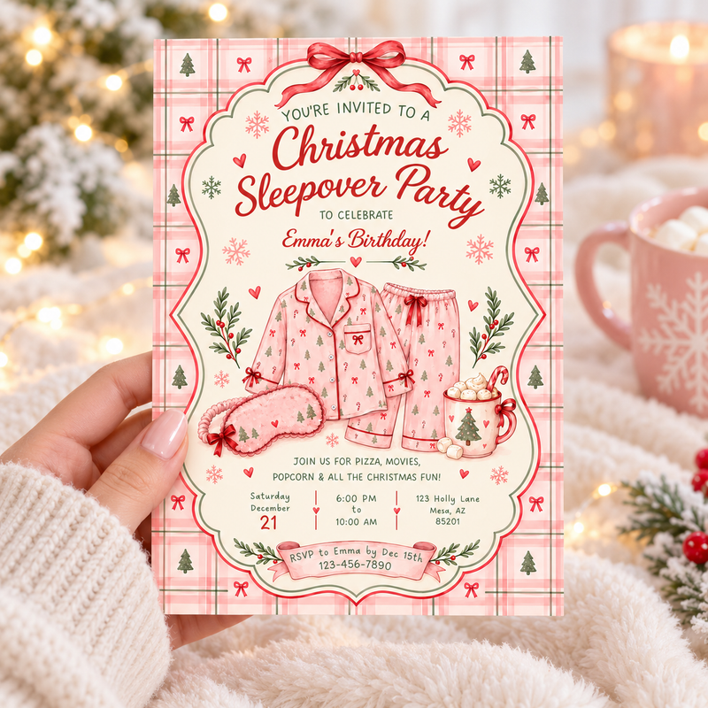 Pink Christmas Pajama Party Sleepover Invitation L184