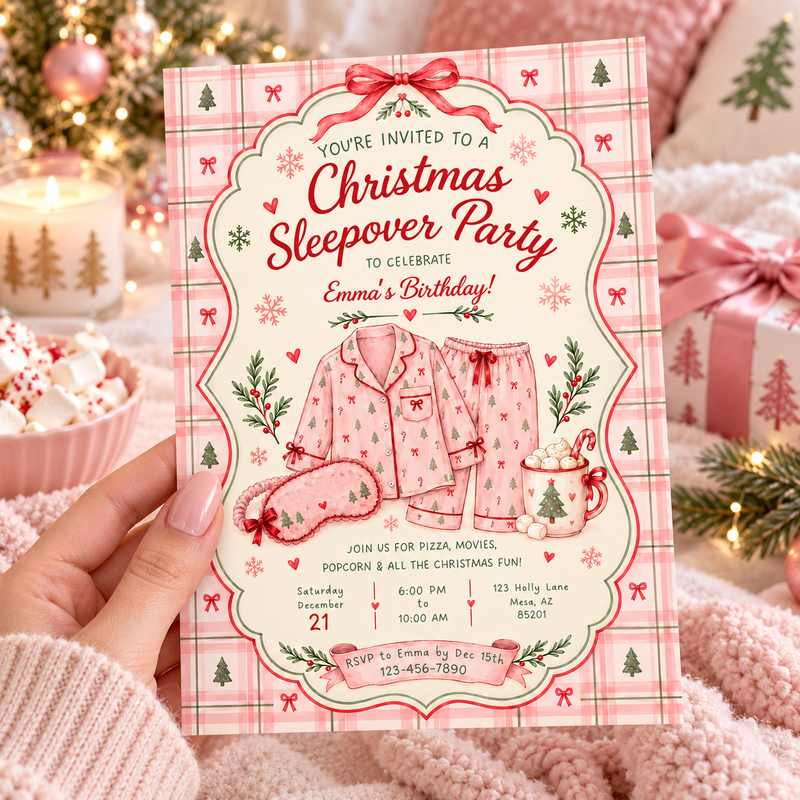Pink Christmas Pajama Party Sleepover Invitation L184