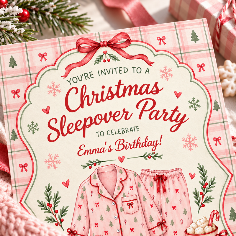 Pink Christmas Pajama Party Sleepover Invitation L184