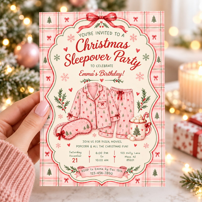 Pink Christmas Pajama Party Sleepover Invitation L184
