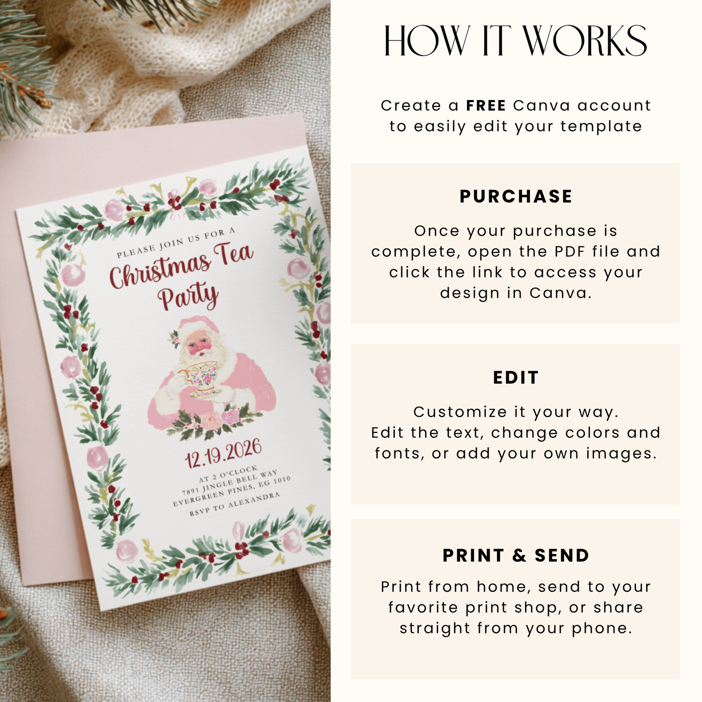 Pink Preppy Christmas Tea Party Invitation L72