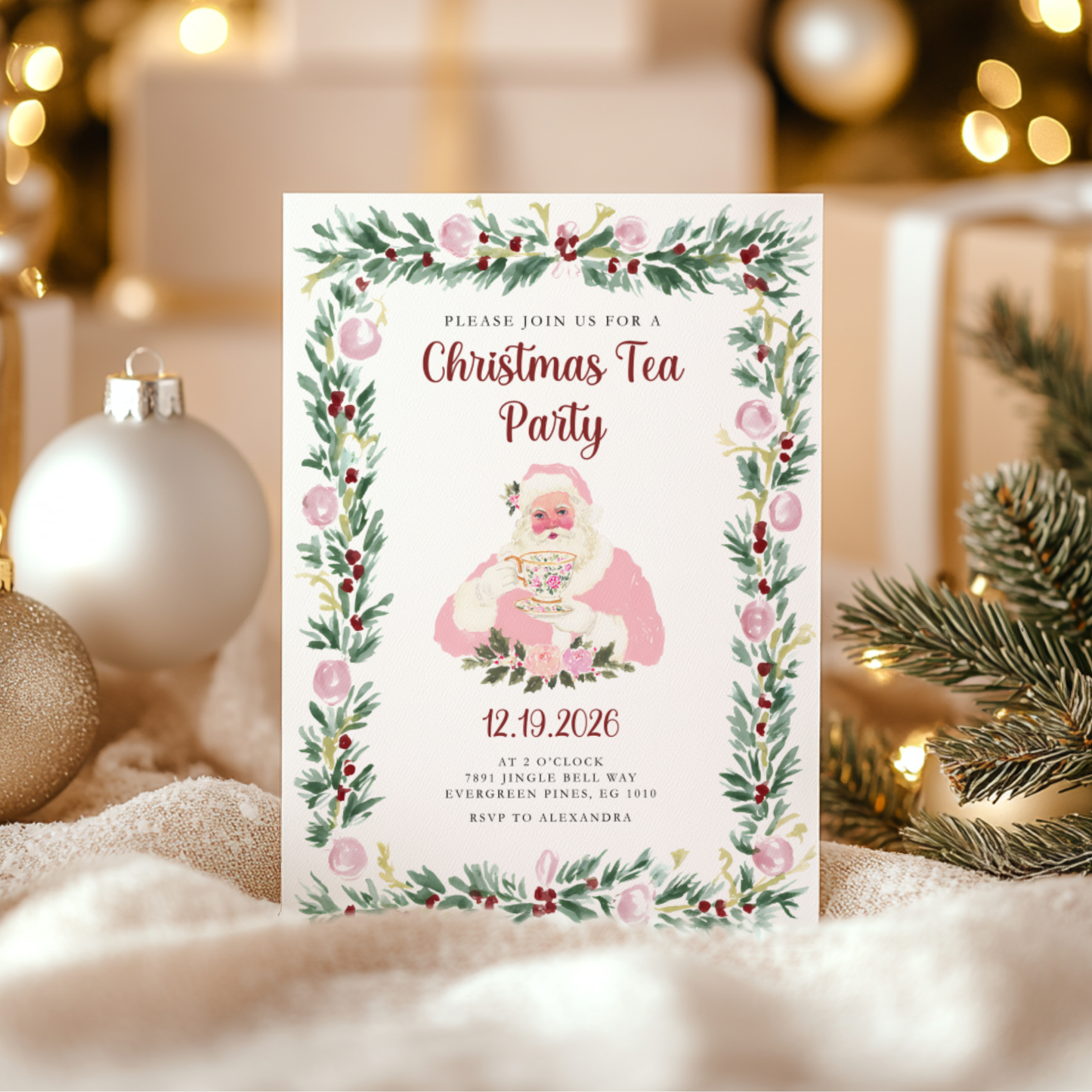 Pink Preppy Christmas Tea Party Invitation L72