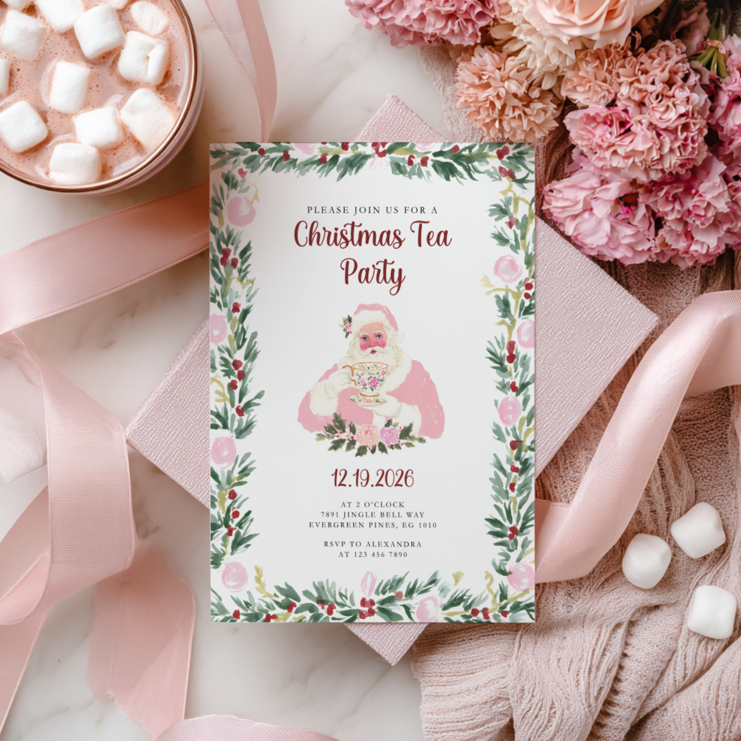 Pink Preppy Christmas Tea Party Invitation L72