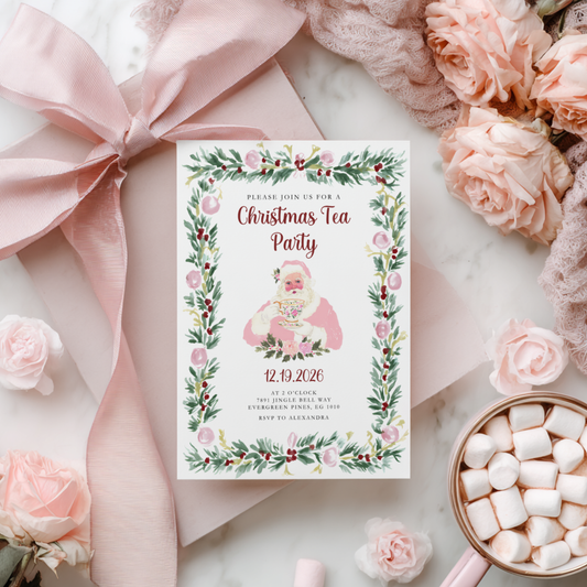 Pink Preppy Christmas Tea Party Invitation L72
