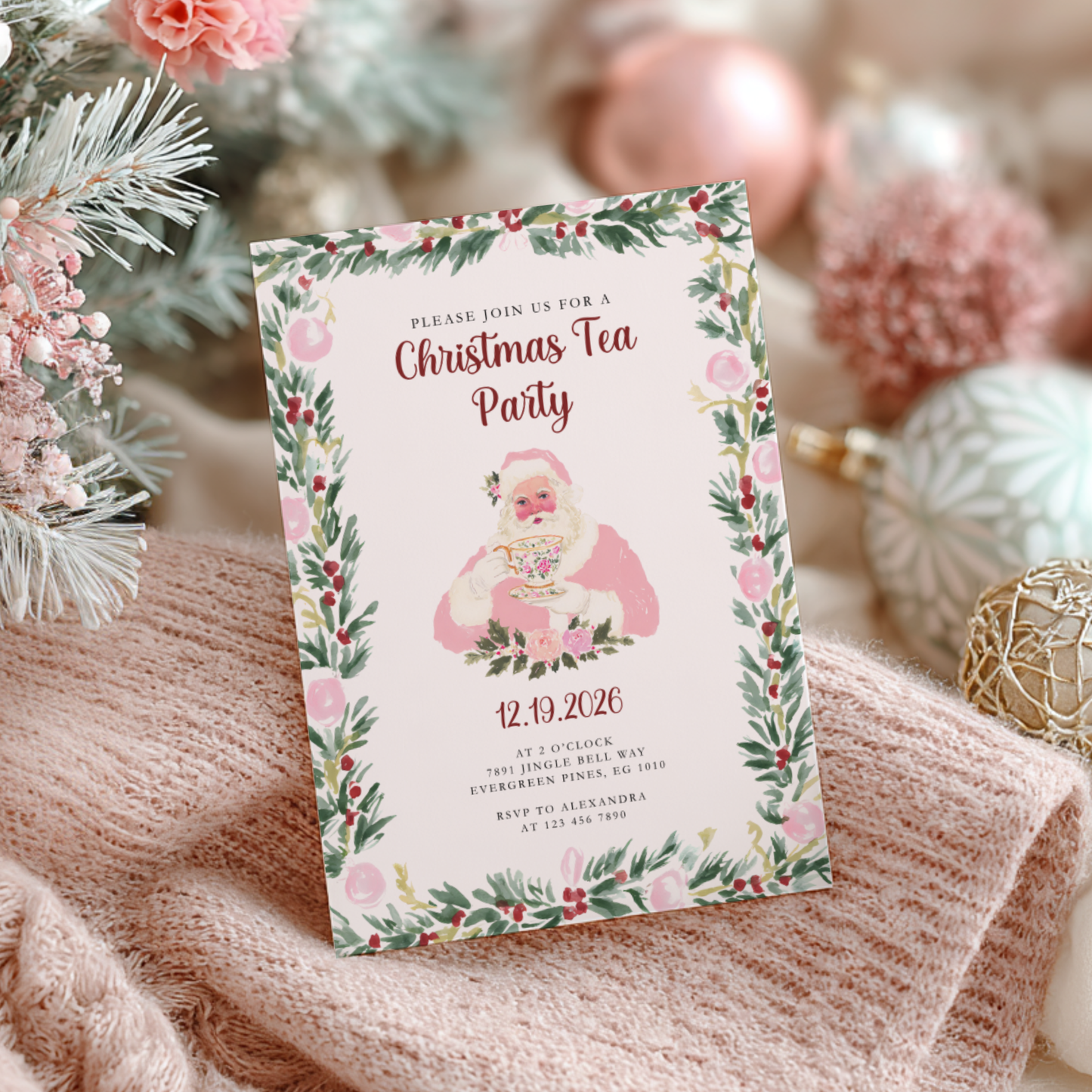 Pink Preppy Christmas Tea Party Invitation L72