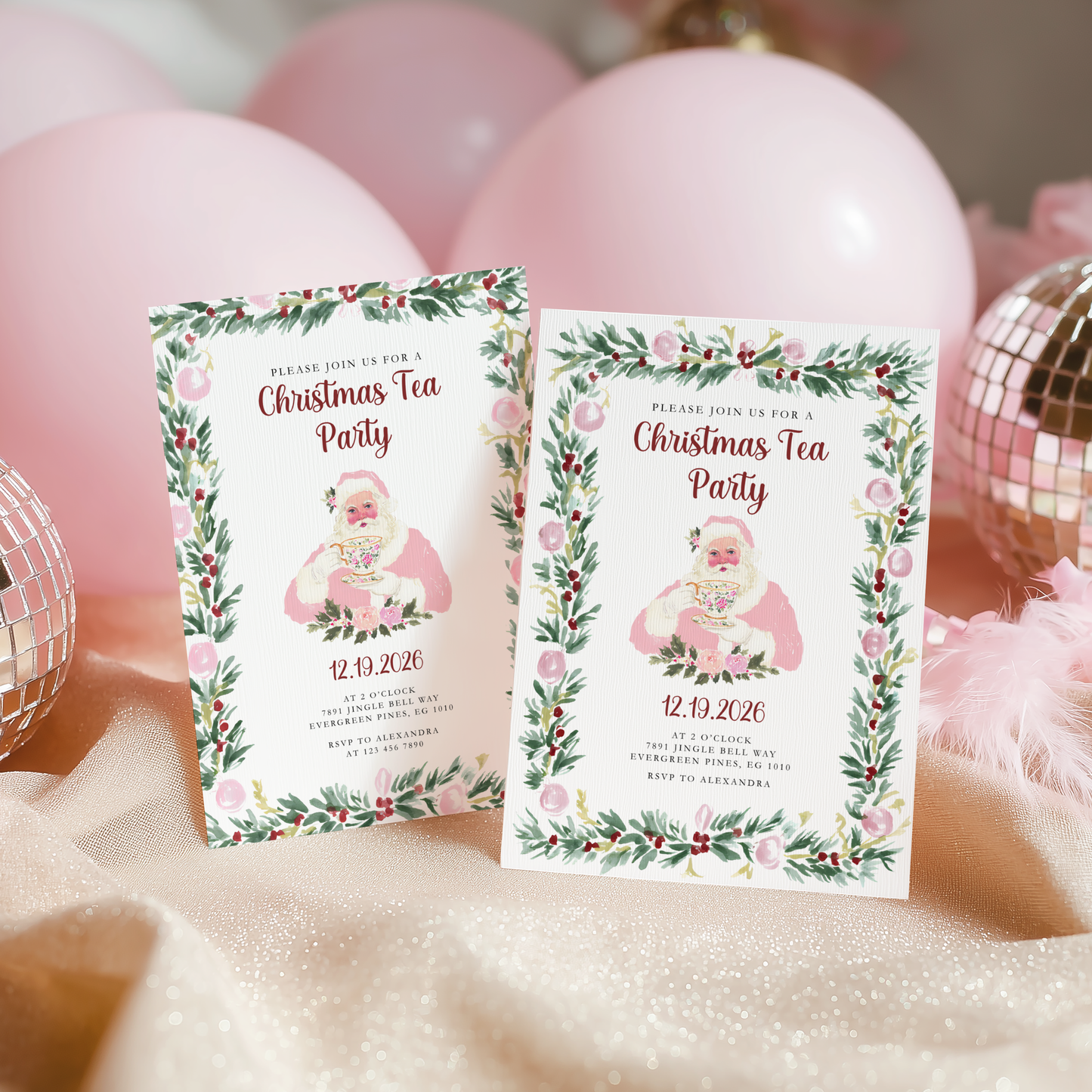 Pink Preppy Christmas Tea Party Invitation L72