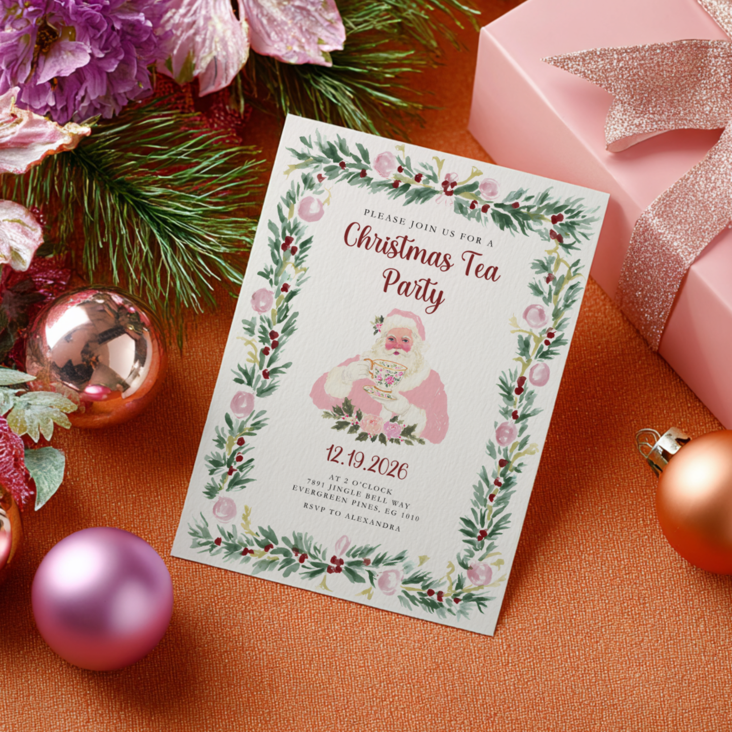 Pink Preppy Christmas Tea Party Invitation L72