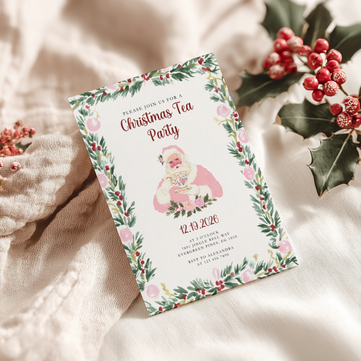 Pink Preppy Christmas Tea Party Invitation L72