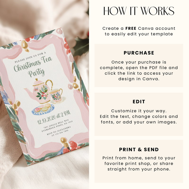 Christmas Tea Party Invitation Hand Drawn Pastels L74