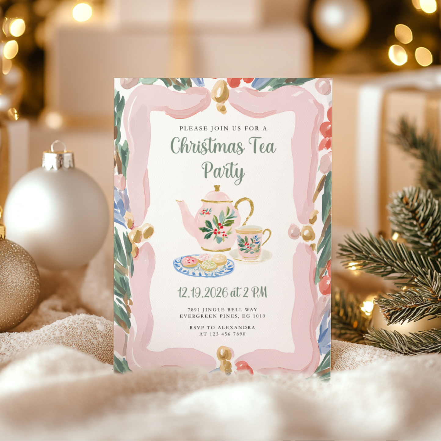 Christmas Tea Party Invitation Hand Drawn Pastels L74