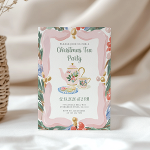 Christmas Tea Party Invitation Hand Drawn Pastels L74