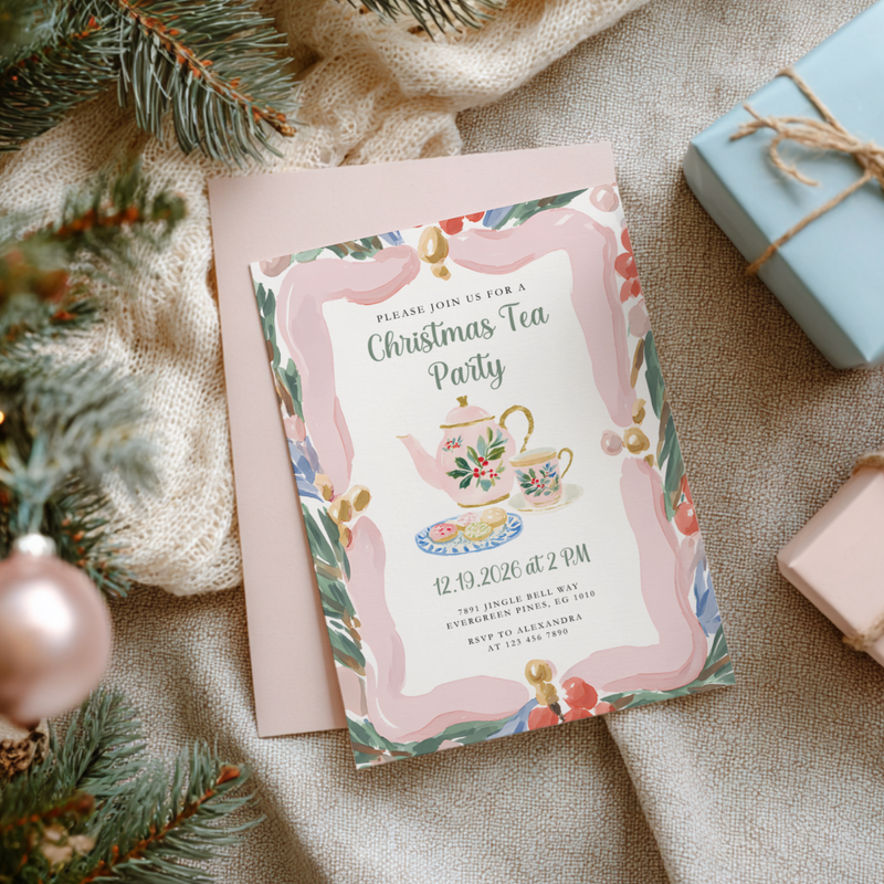 Christmas Tea Party Invitation Hand Drawn Pastels L74