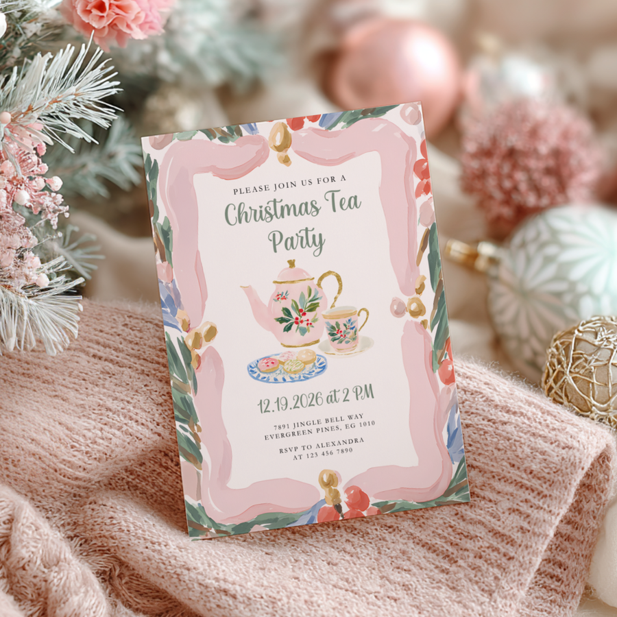Christmas Tea Party Invitation Hand Drawn Pastels L74