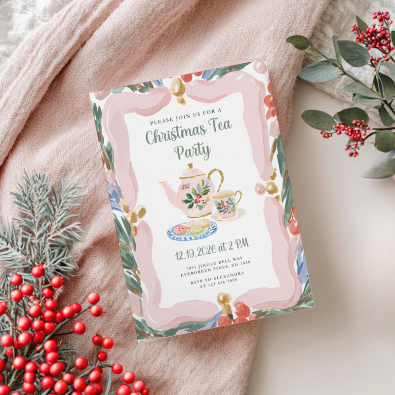 Christmas Tea Party Invitation Hand Drawn Pastels L74