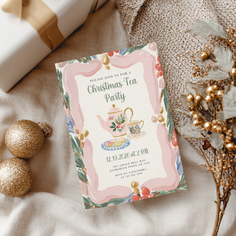 Christmas Tea Party Invitation Hand Drawn Pastels L74