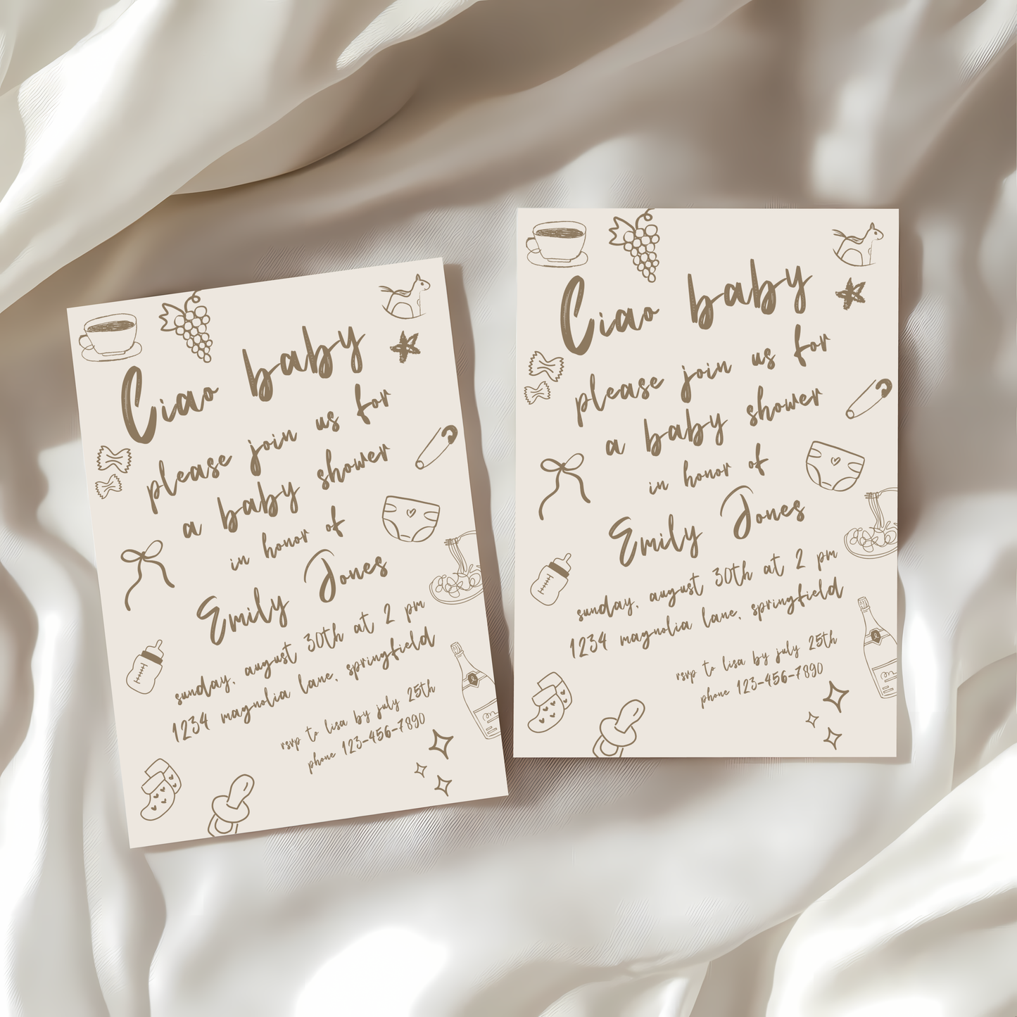 Baby Shower Invitation - Ciao Baby Italian Neutral Beige Lunch Dinner Party BS119