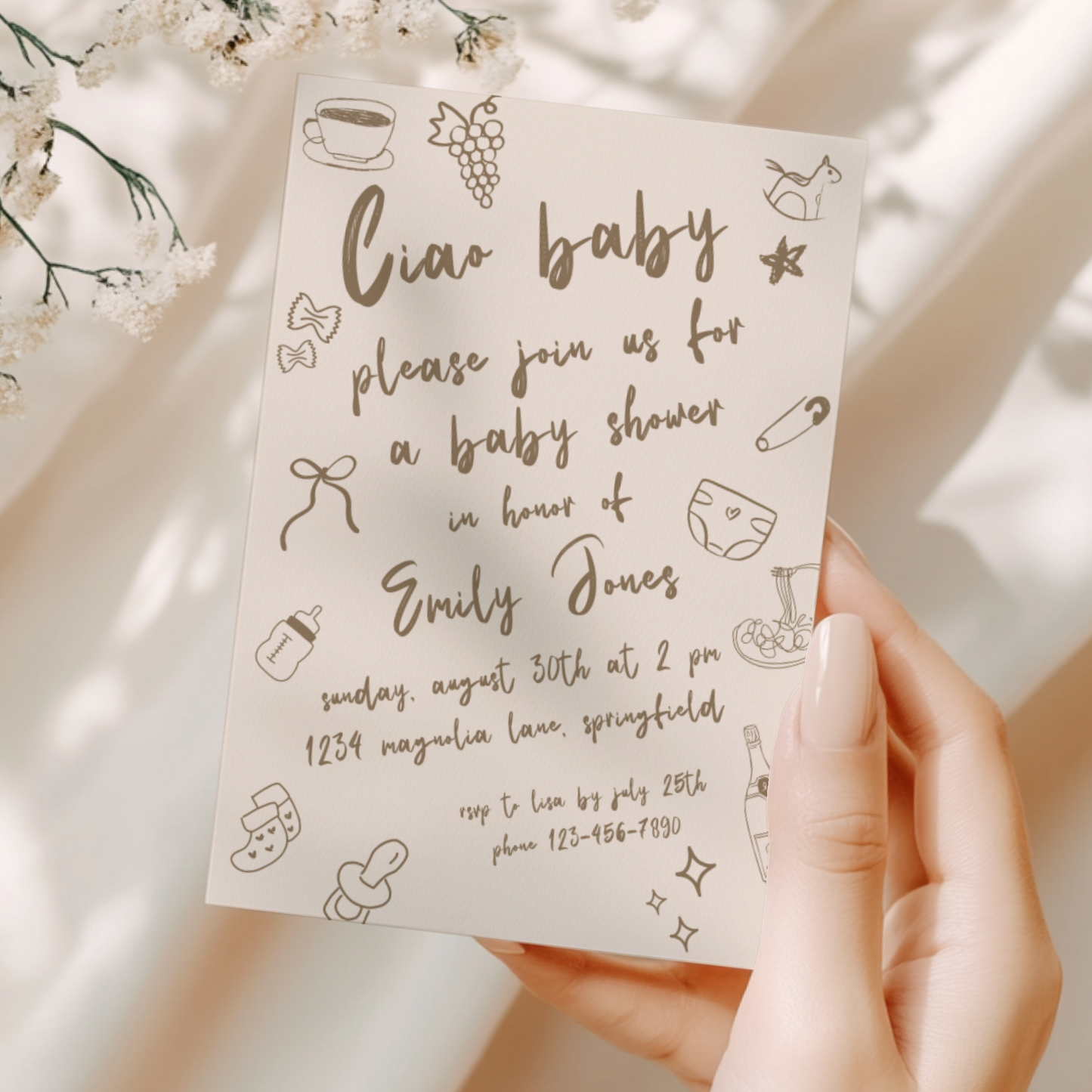 Baby Shower Invitation - Ciao Baby Italian Neutral Beige Lunch Dinner Party BS119