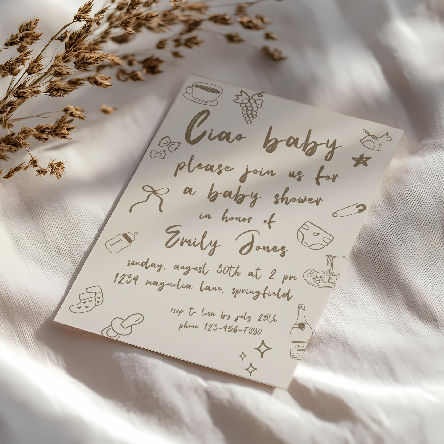 Baby Shower Invitation - Ciao Baby Italian Neutral Beige Lunch Dinner Party BS119
