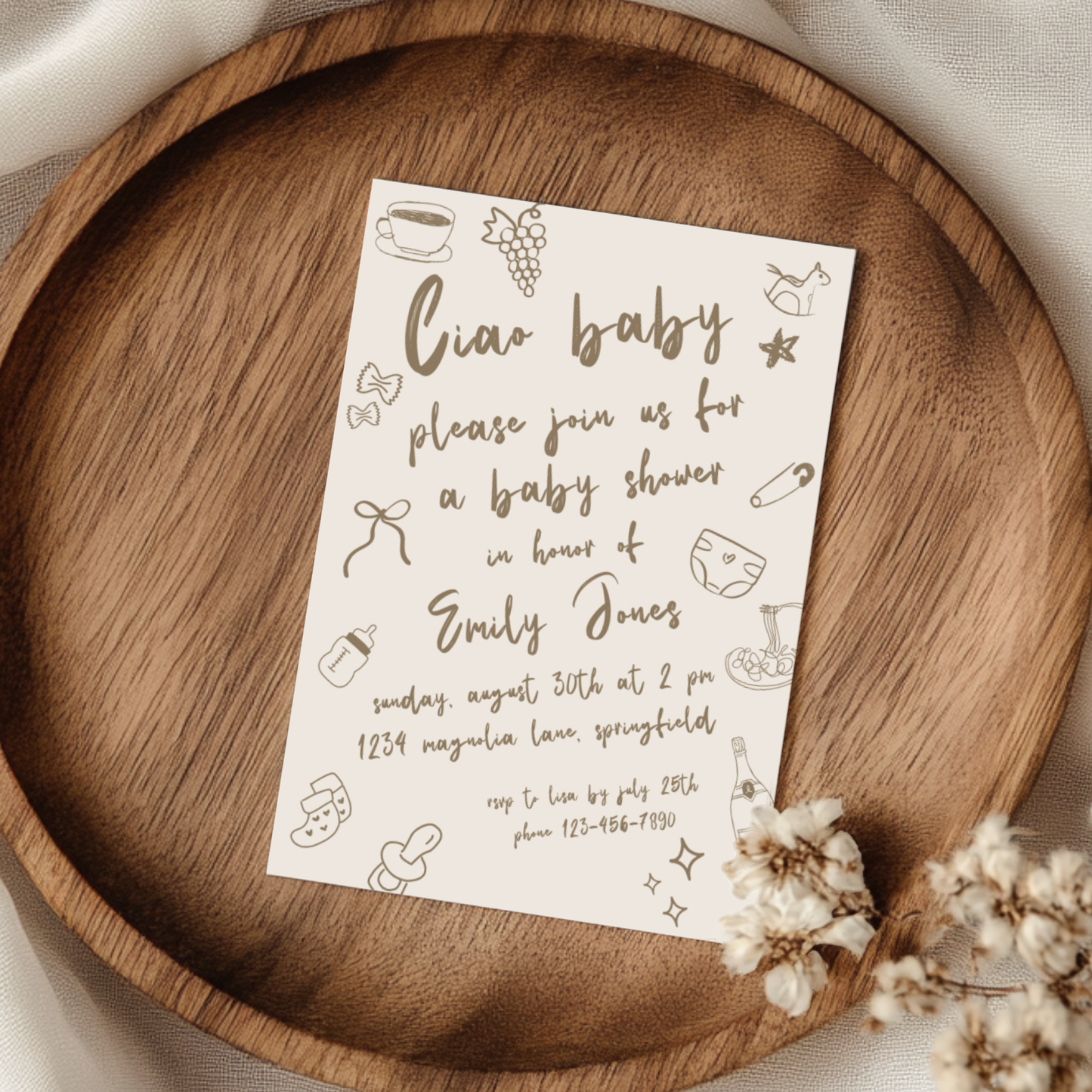 Baby Shower Invitation - Ciao Baby Italian Neutral Beige Lunch Dinner Party BS119