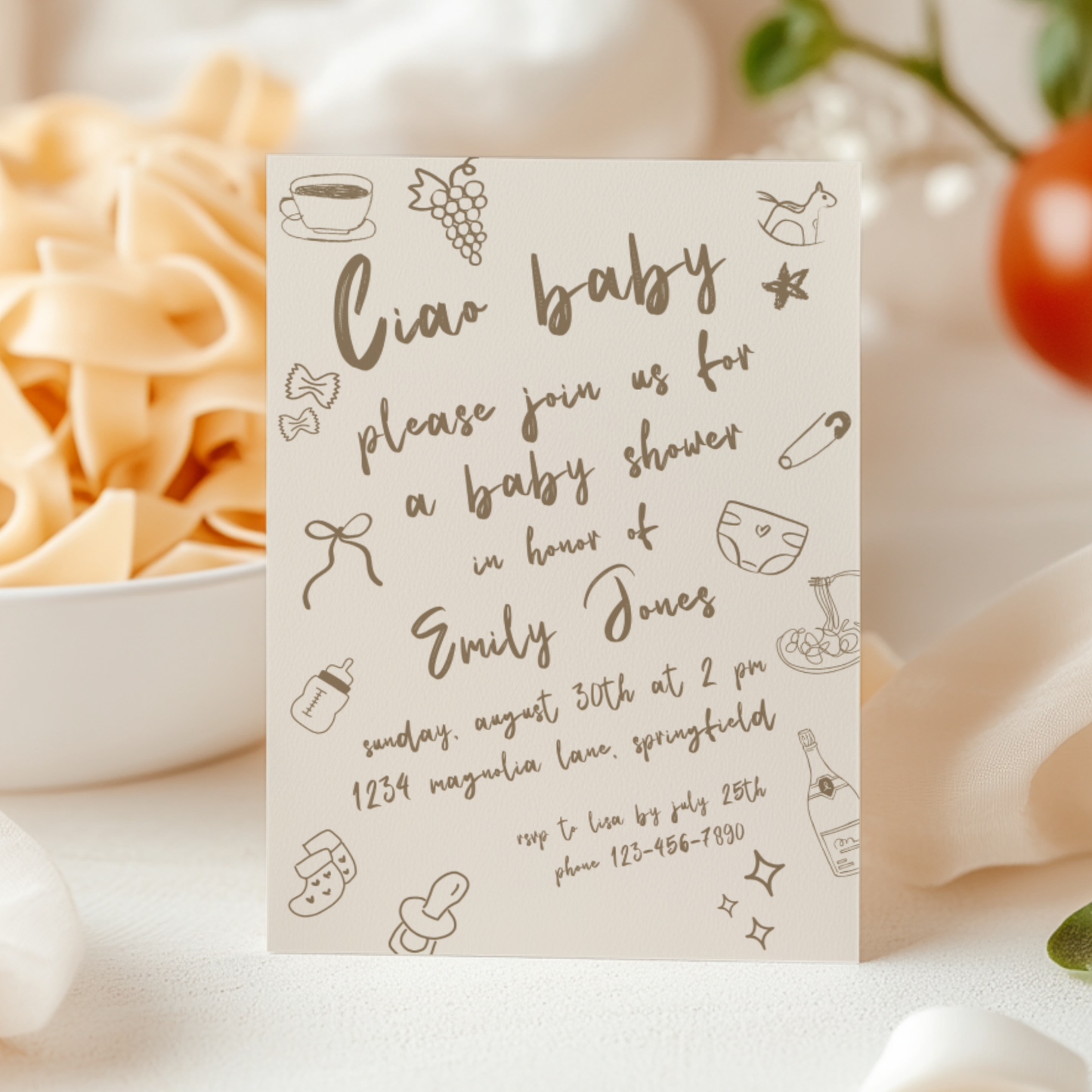 Baby Shower Invitation - Ciao Baby Italian Neutral Beige Lunch Dinner Party BS119