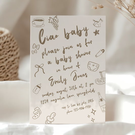 Baby Shower Invitation - Ciao Baby Italian Neutral Beige Lunch Dinner Party BS119
