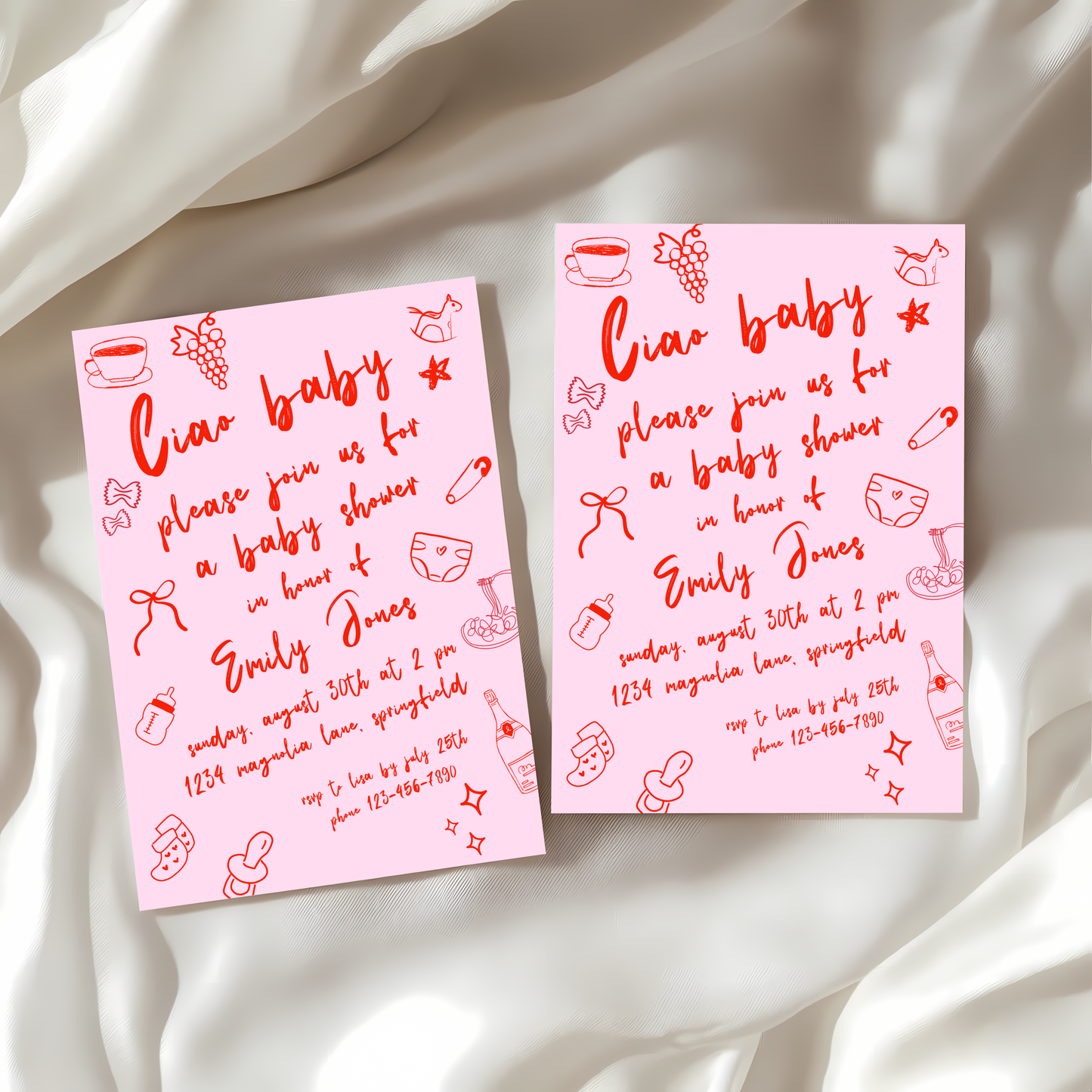 Baby Shower Invitation - Ciao Baby Italian Pink Bambina Lunch Dinner Party BS119