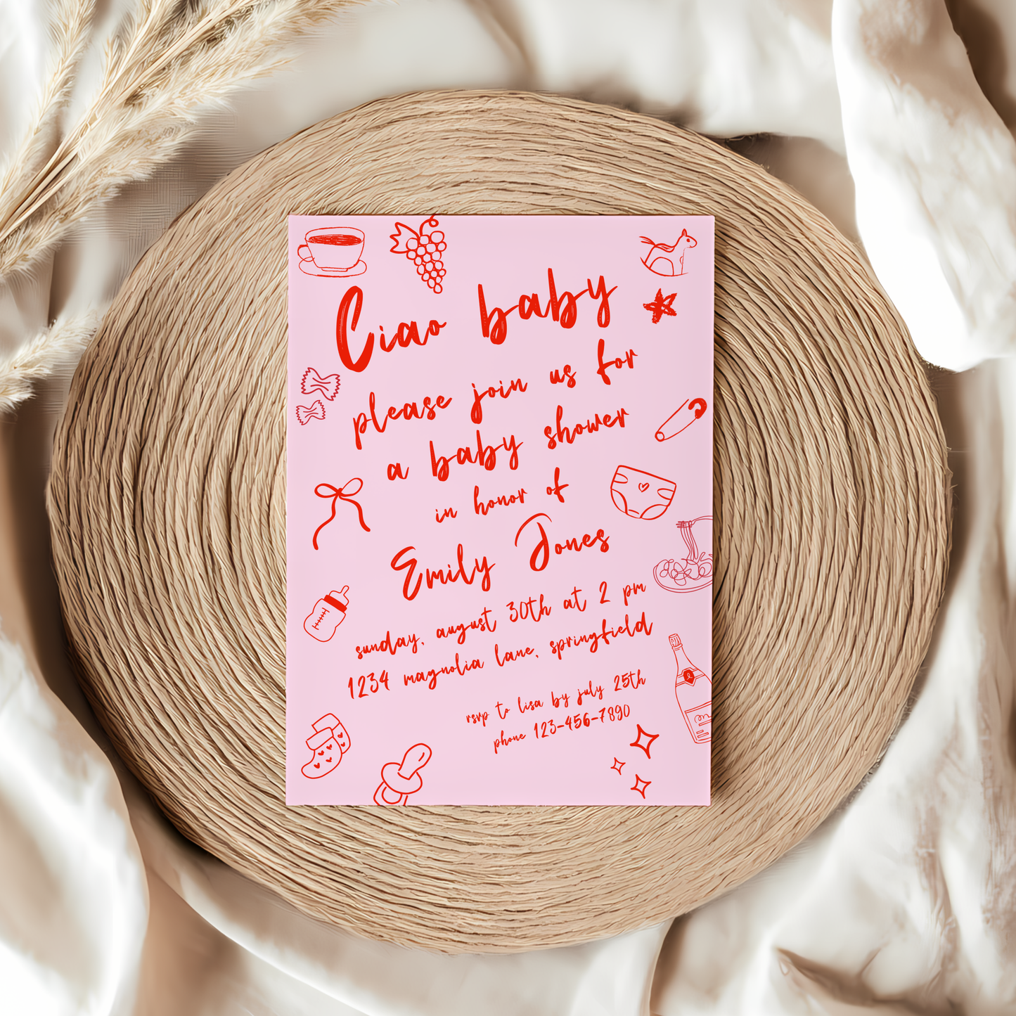 Baby Shower Invitation - Ciao Baby Italian Pink Bambina Lunch Dinner Party BS119