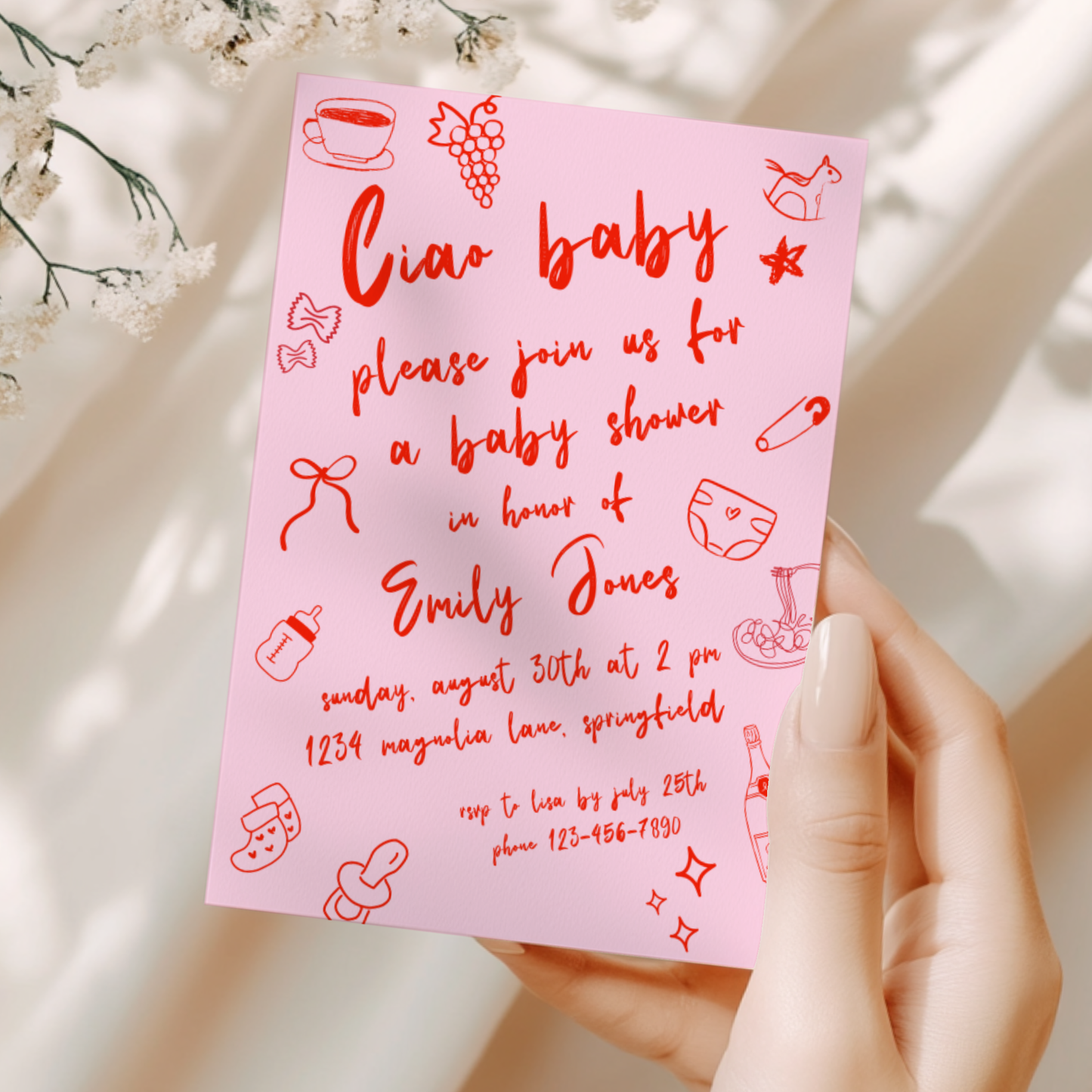 Baby Shower Invitation - Ciao Baby Italian Pink Bambina Lunch Dinner Party BS119