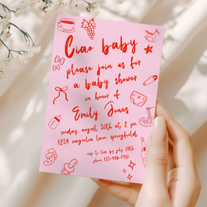 Baby Shower Invitation - Ciao Baby Italian Pink Bambina Lunch Dinner Party BS119