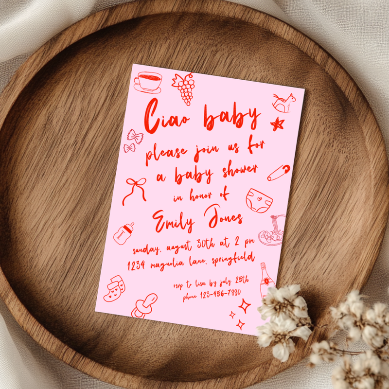 Baby Shower Invitation - Ciao Baby Italian Pink Bambina Lunch Dinner Party BS119