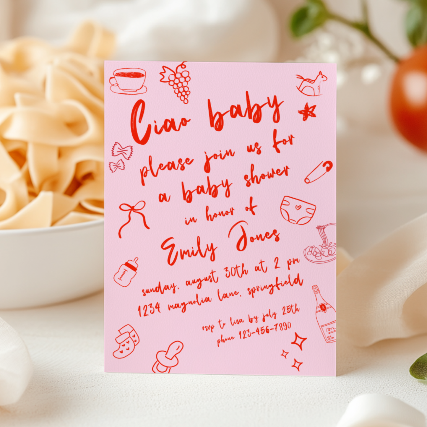 Baby Shower Invitation - Ciao Baby Italian Pink Bambina Lunch Dinner Party BS119