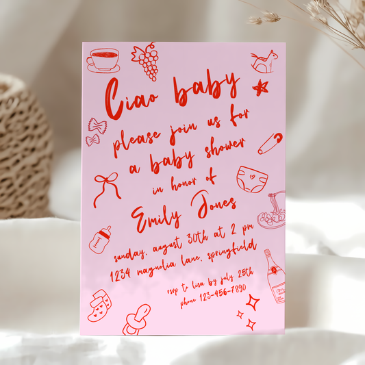 Baby Shower Invitation - Ciao Baby Italian Pink Bambina Lunch Dinner Party BS119