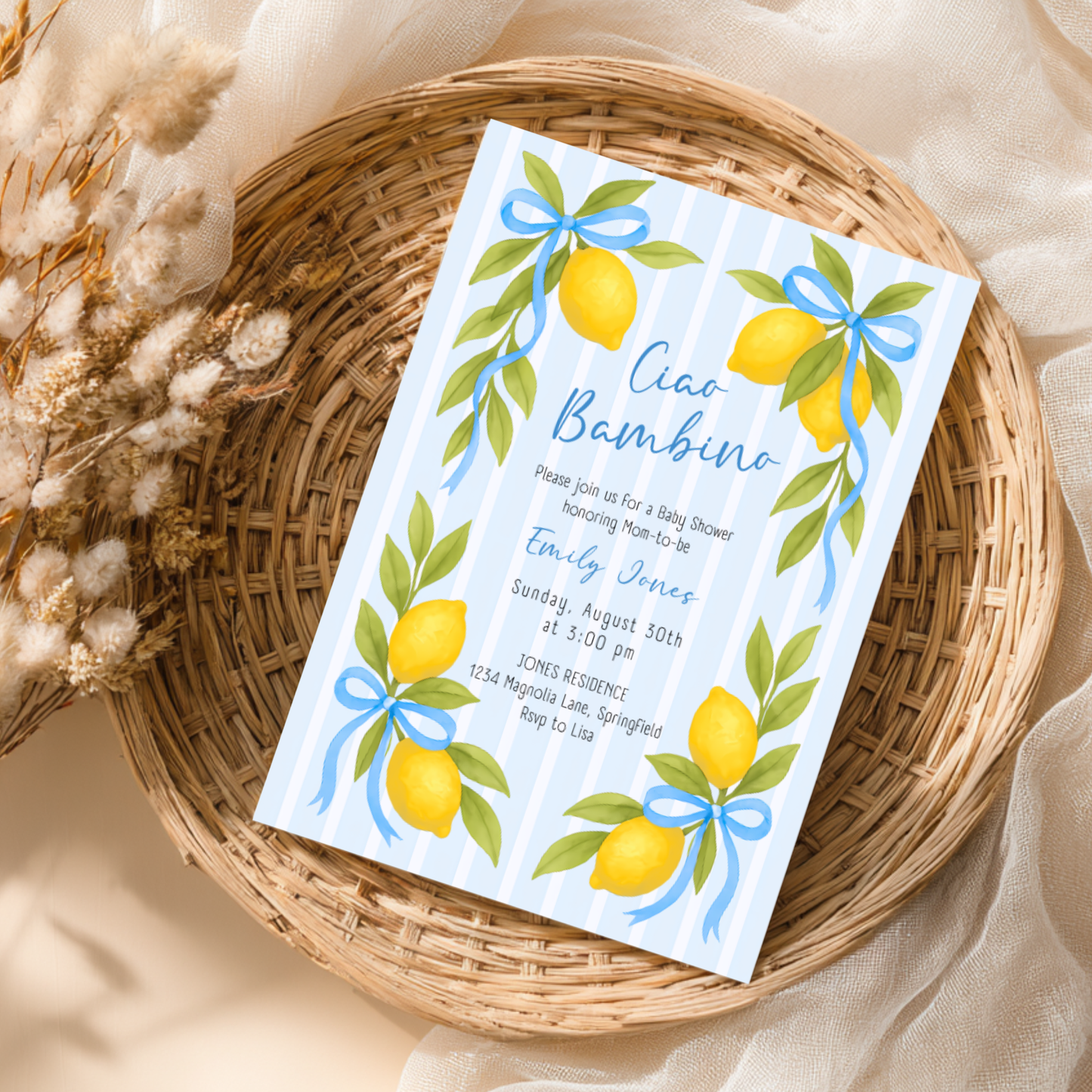 Baby Shower Invitation - Ciao Bambino Lemon & Blue Bows BS173