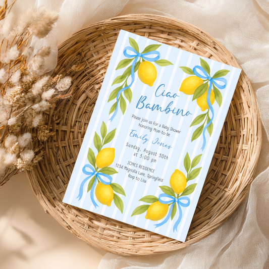 Baby Shower Invitation - Ciao Bambino Lemon & Blue Bows BS173