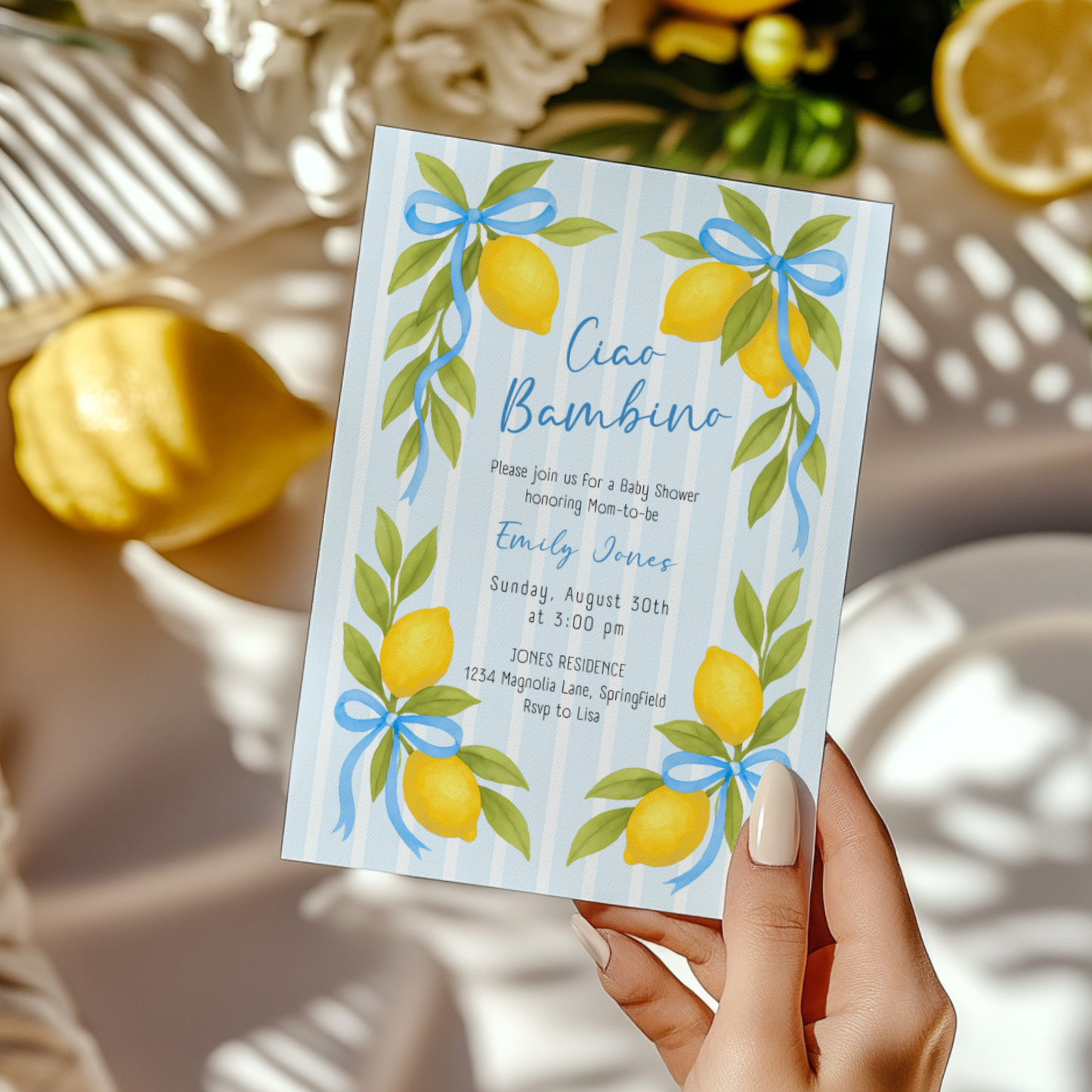 Baby Shower Invitation - Ciao Bambino Lemon & Blue Bows BS173