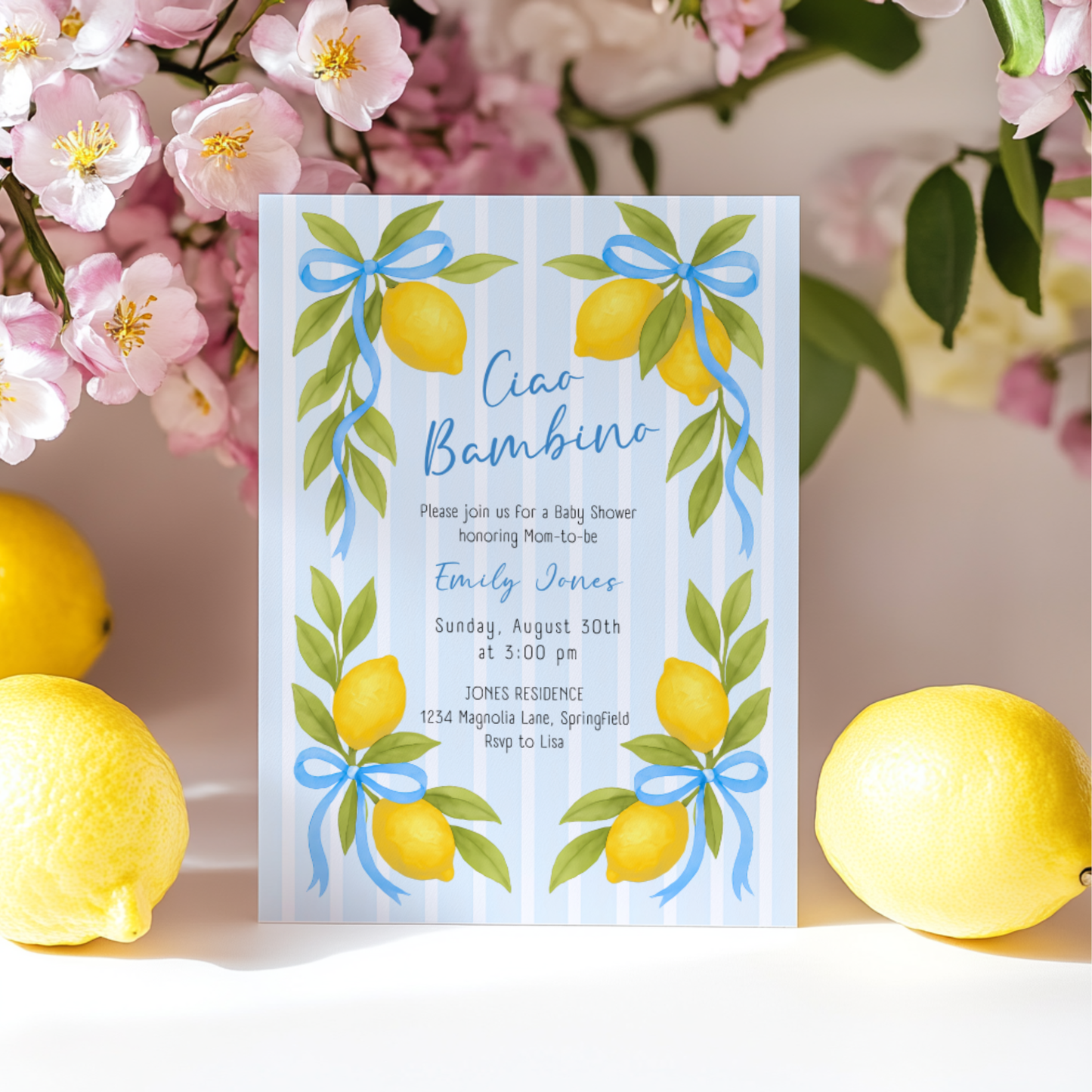 Baby Shower Invitation - Ciao Bambino Lemon & Blue Bows BS173