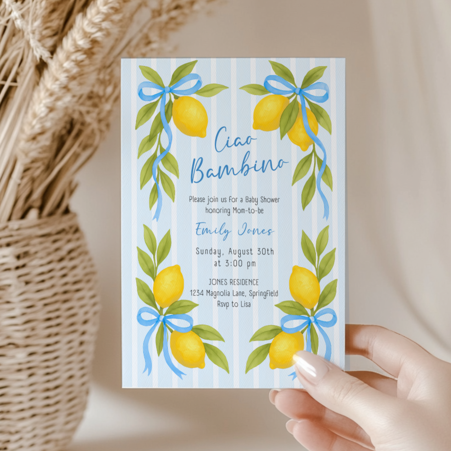 Baby Shower Invitation - Ciao Bambino Lemon & Blue Bows BS173