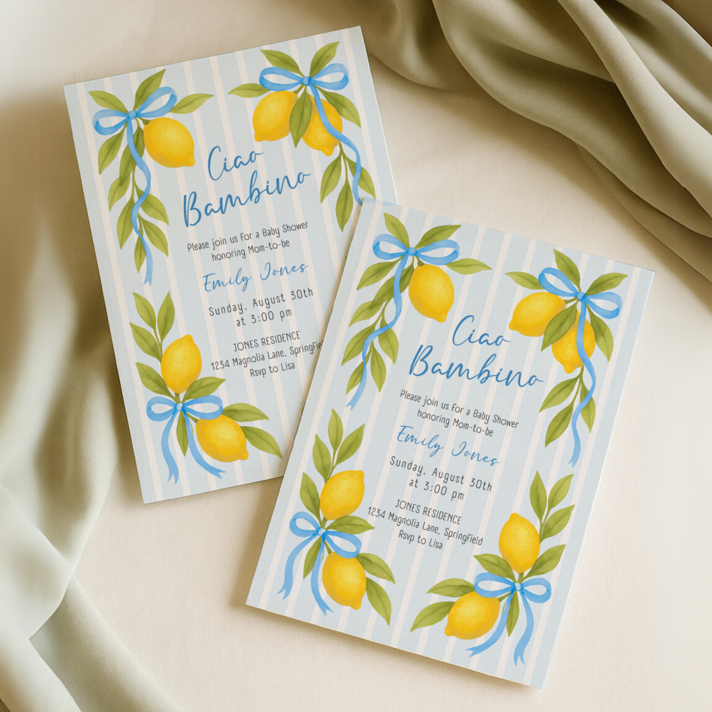 Baby Shower Invitation - Ciao Bambino Lemon & Blue Bows BS173