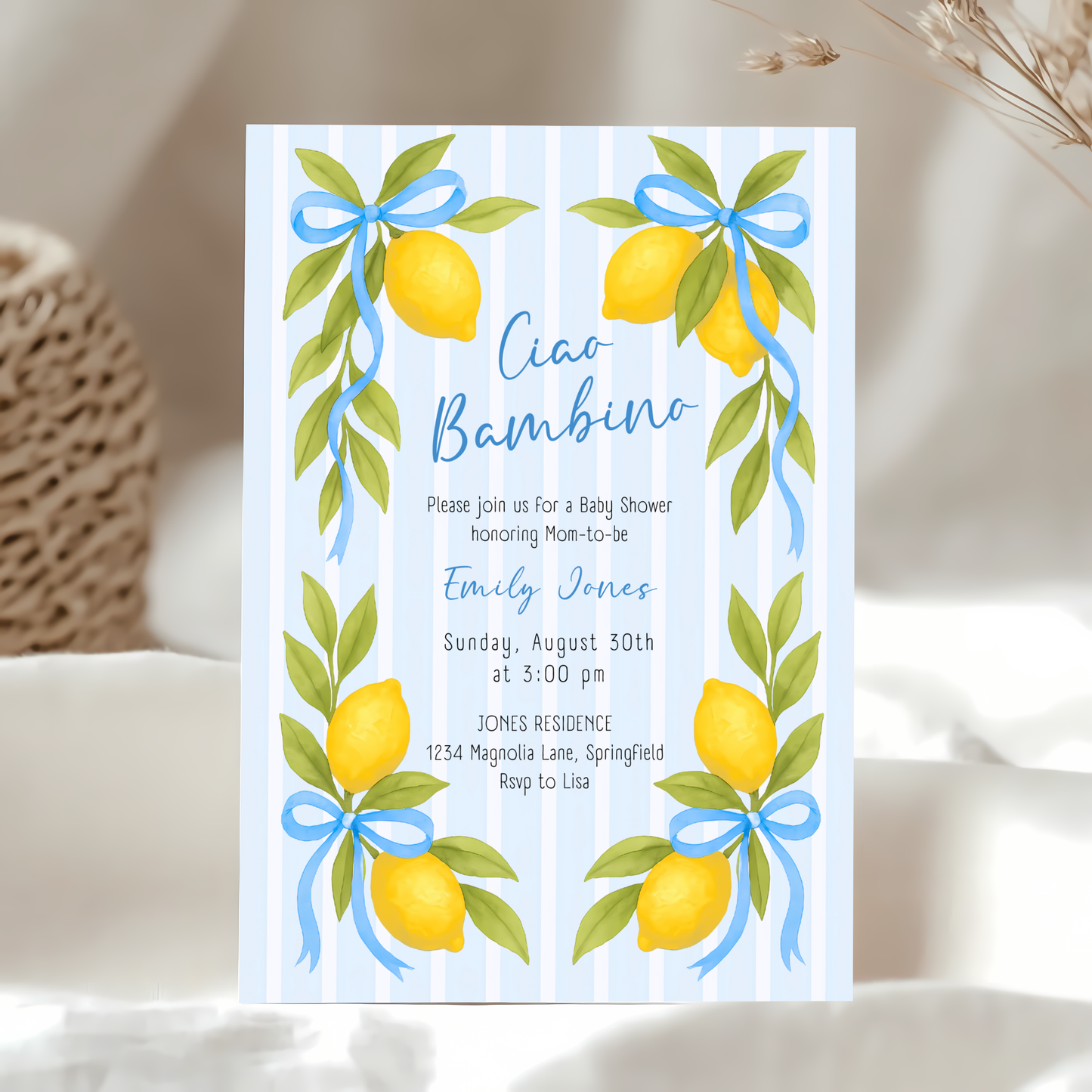 Baby Shower Invitation - Ciao Bambino Lemon & Blue Bows BS173