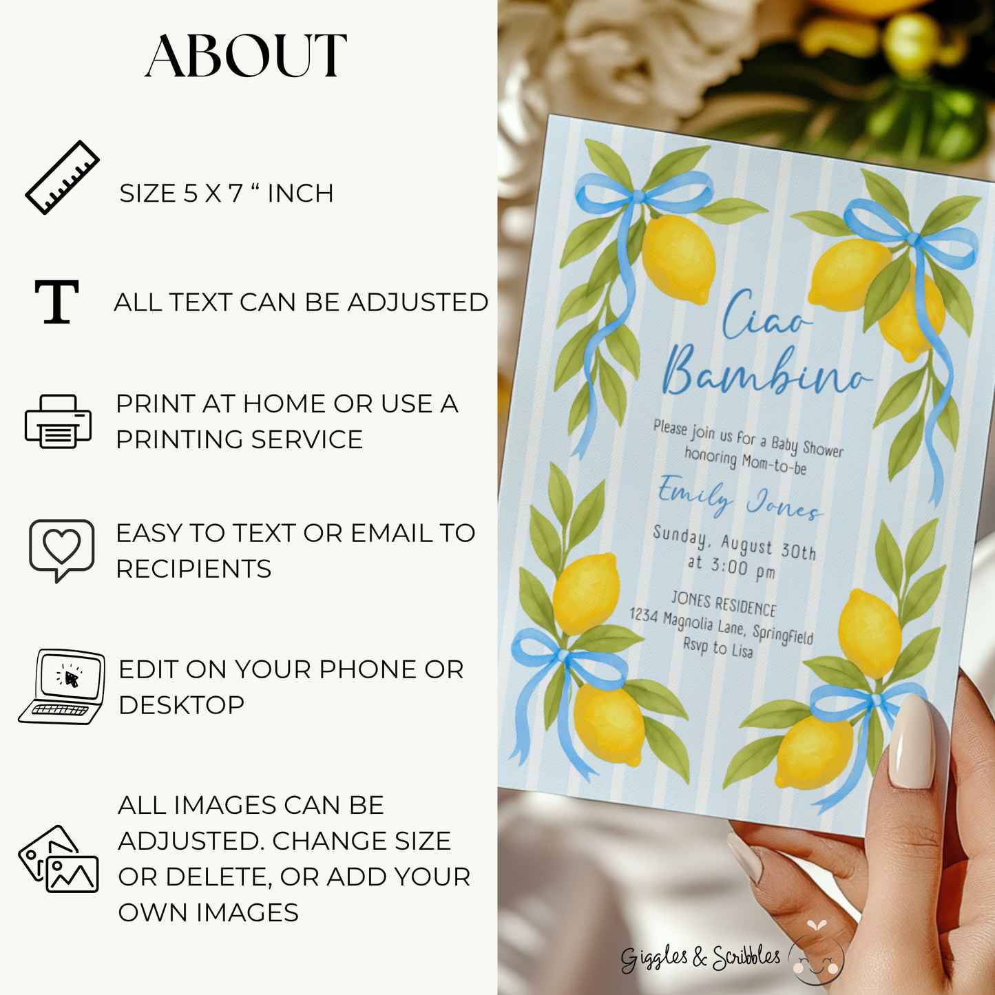 Baby Shower Invitation - Ciao Bambino Lemon & Blue Bows BS173