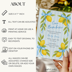 Baby Shower Invitation - Ciao Bambino Lemon & Blue Bows BS173