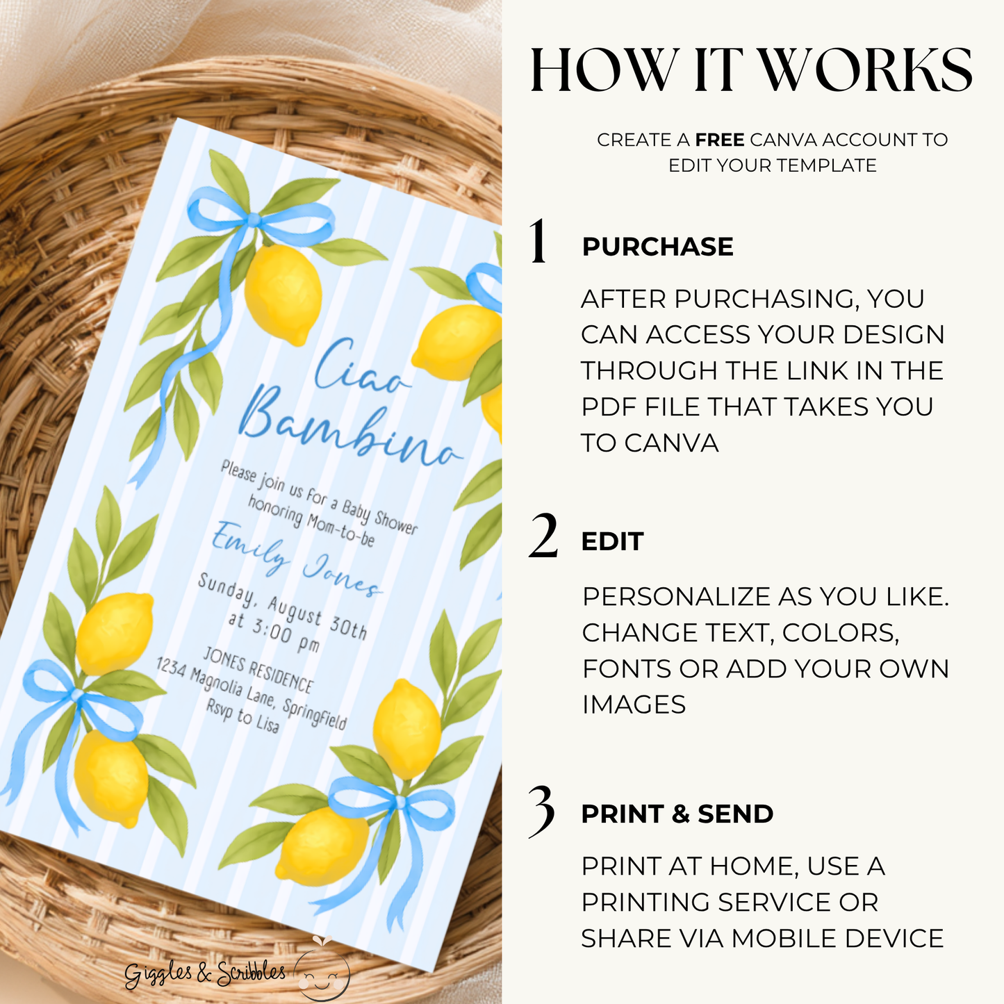 Baby Shower Invitation - Ciao Bambino Lemon & Blue Bows BS173