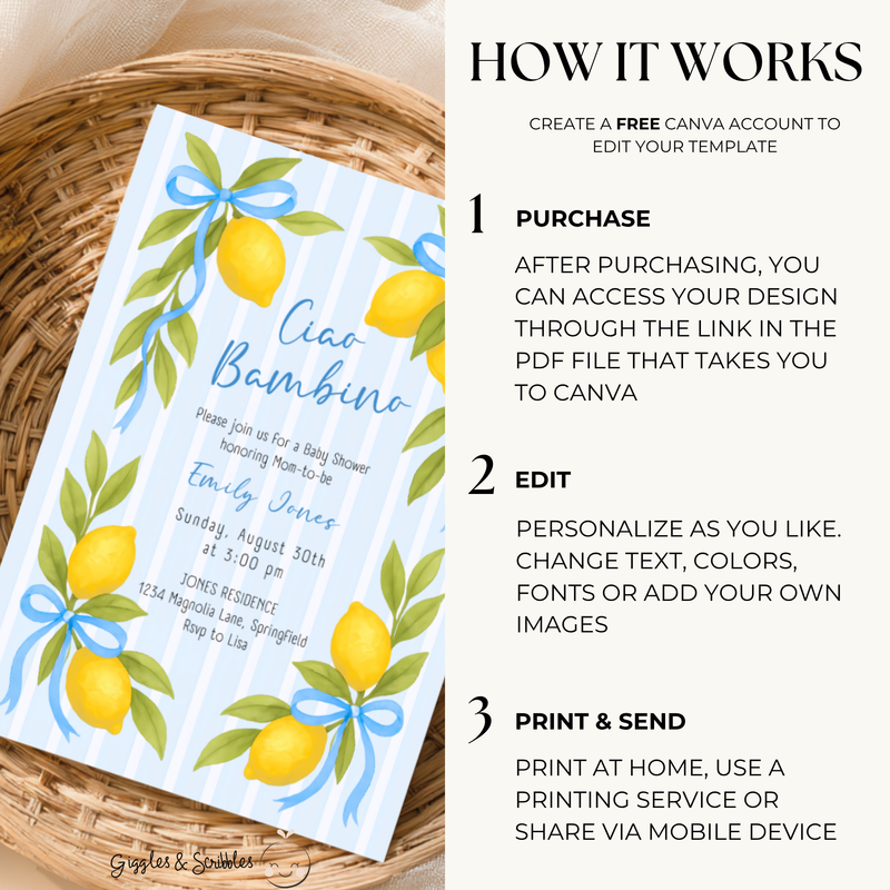 Baby Shower Invitation - Ciao Bambino Lemon & Blue Bows BS173