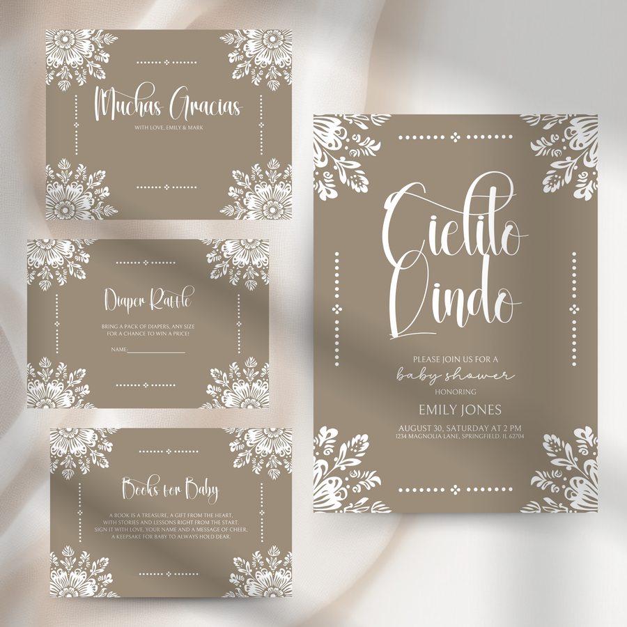 Baby Shower Invitation Bundle - Cielito Lindo Mexican Folk Style Beige Brown BS56