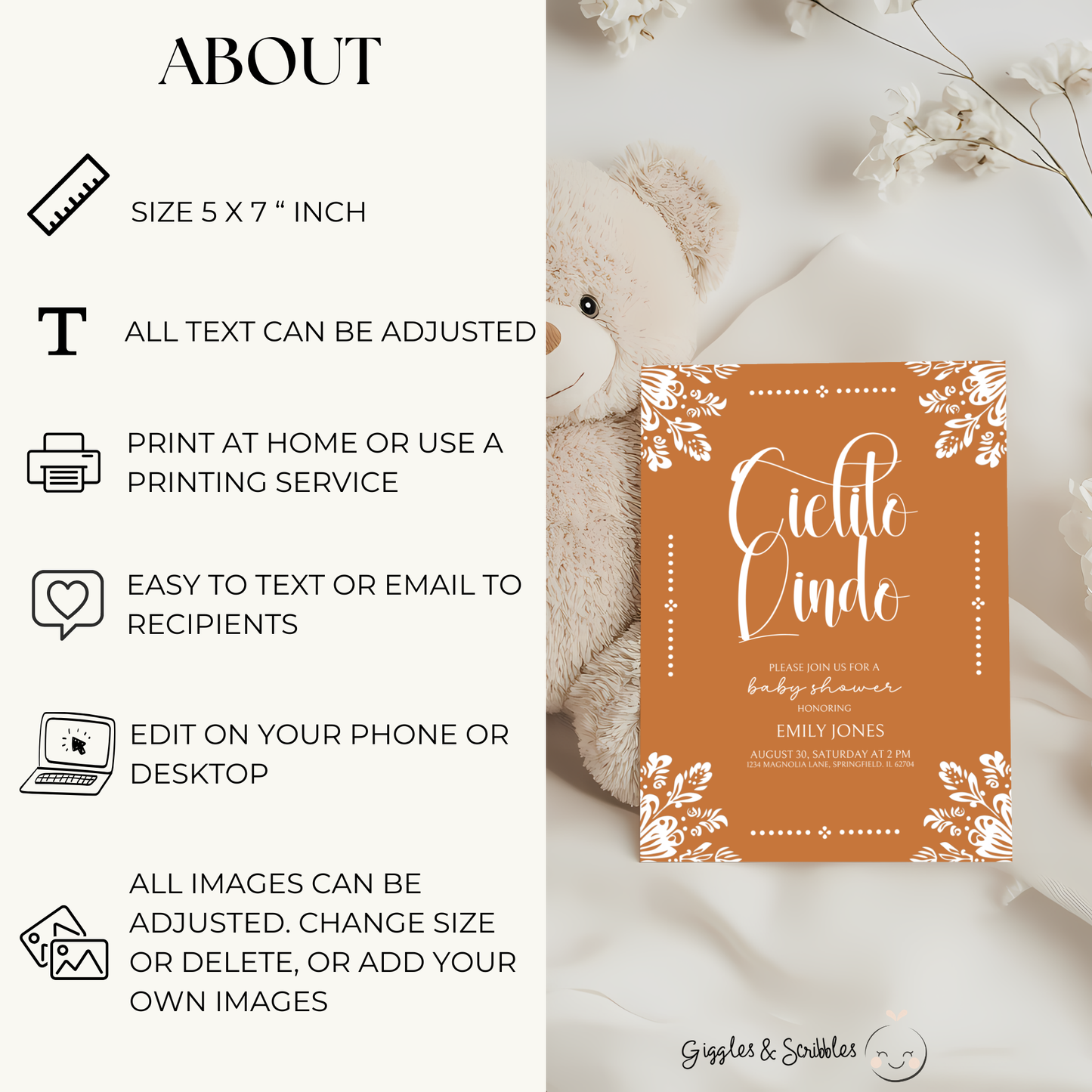 Baby Shower Invitation - Cielito Lindo Terracotta Brown Orange BS55